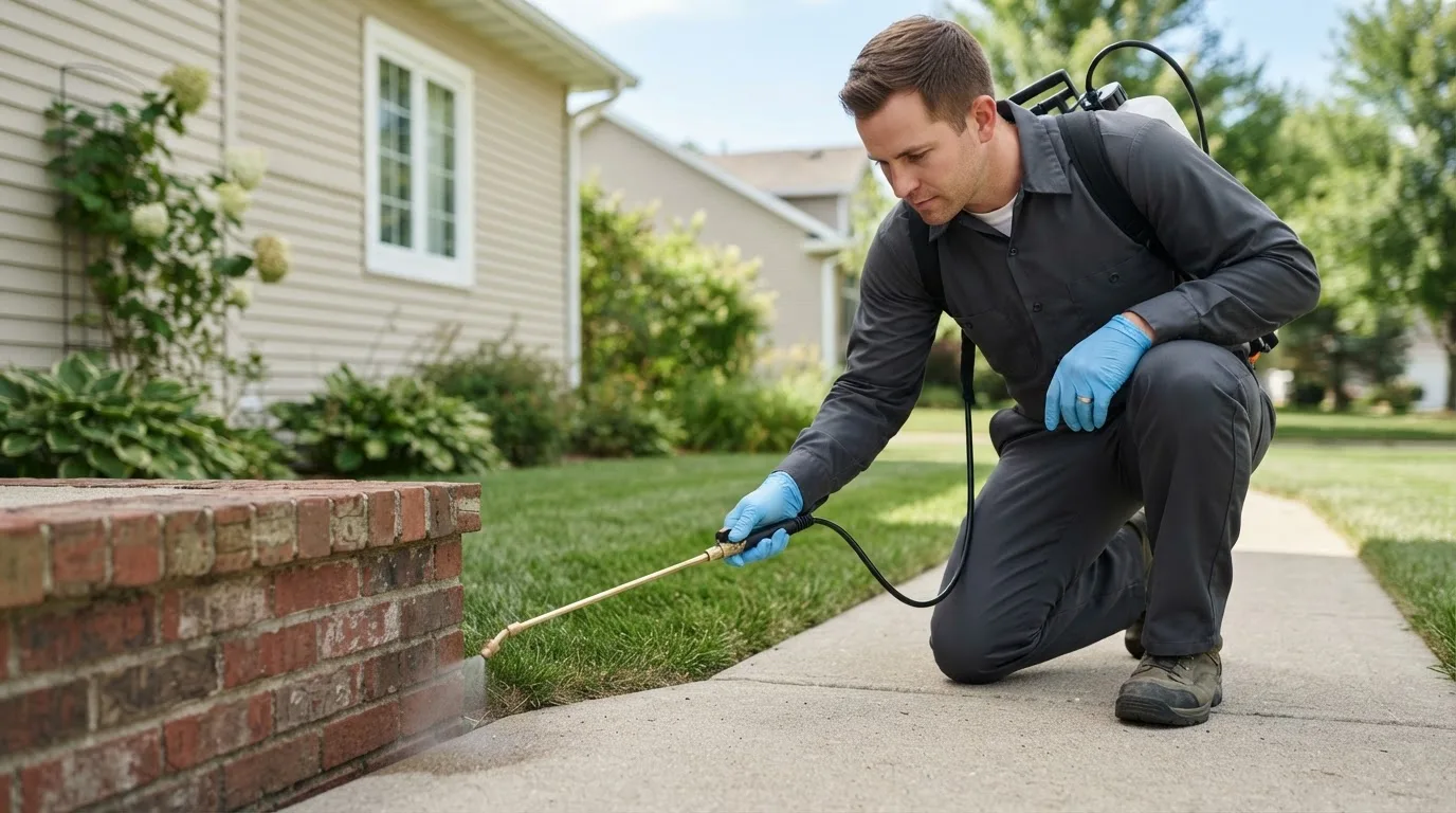 Pest control technician treating a home near Cache, OK